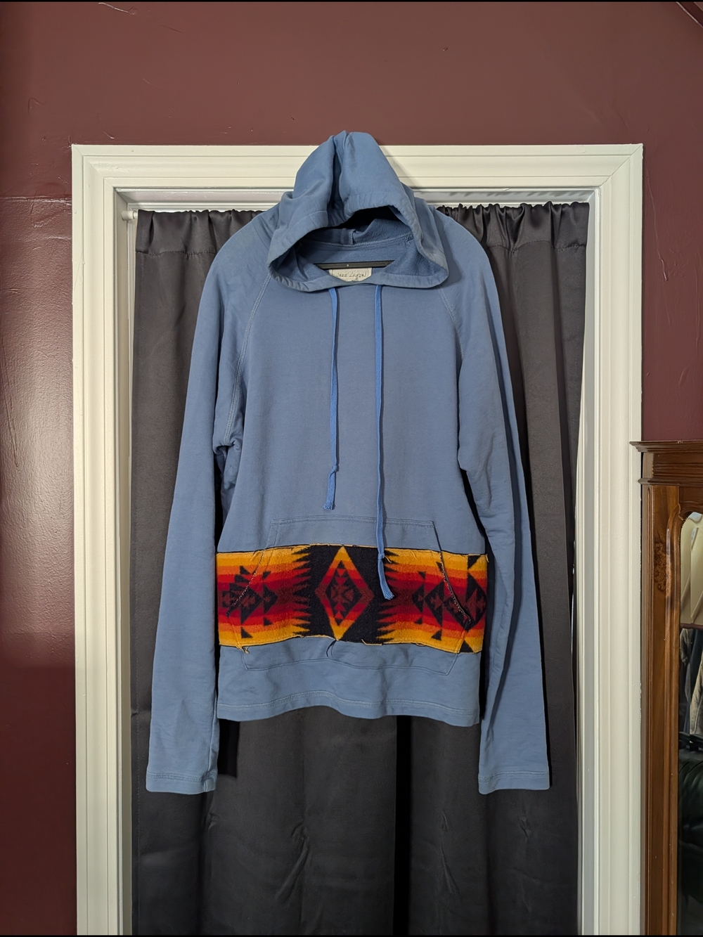 GREG LAUREN Blue Raglan Sleeve Wool Cotton Ikat Navajo Hoodie MiUSA Sz 2